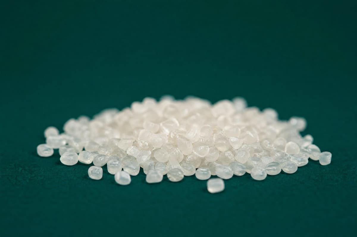 The processing stage: regranulate pellets, or reopened fibre, photographed flat.